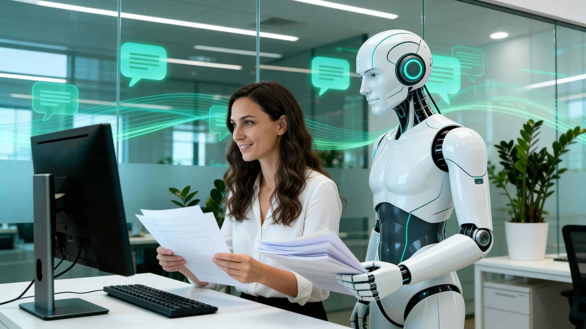 Mitarbeiterin arbeitet mit KI-Mitarbeiter als digitale Unterstützung für automatisierte Geschäftsprozesse im Mittelstand