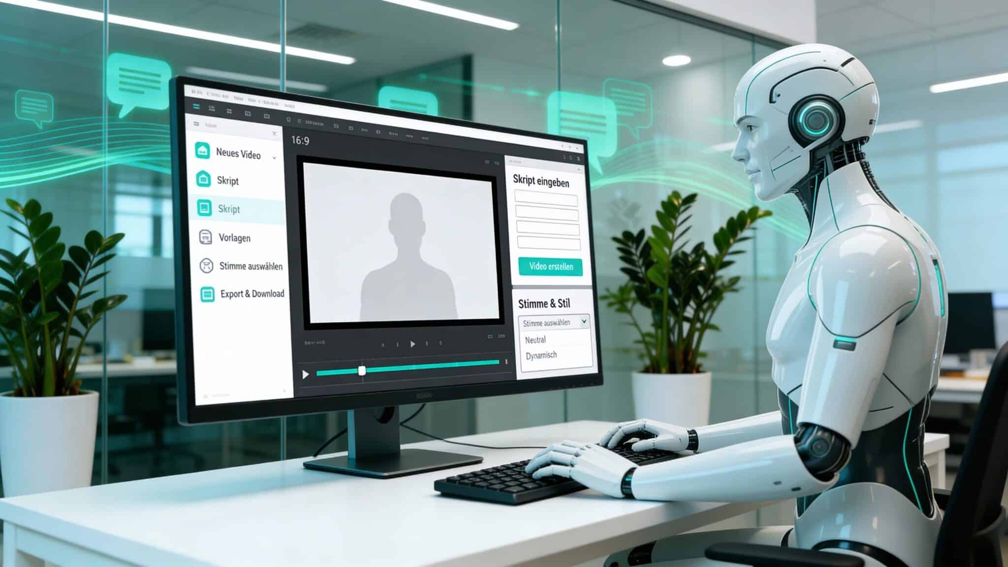 KI-Mitarbeiter arbeitet selbstständig am Computer und automatisiert Geschäftsprozesse im Unternehmen